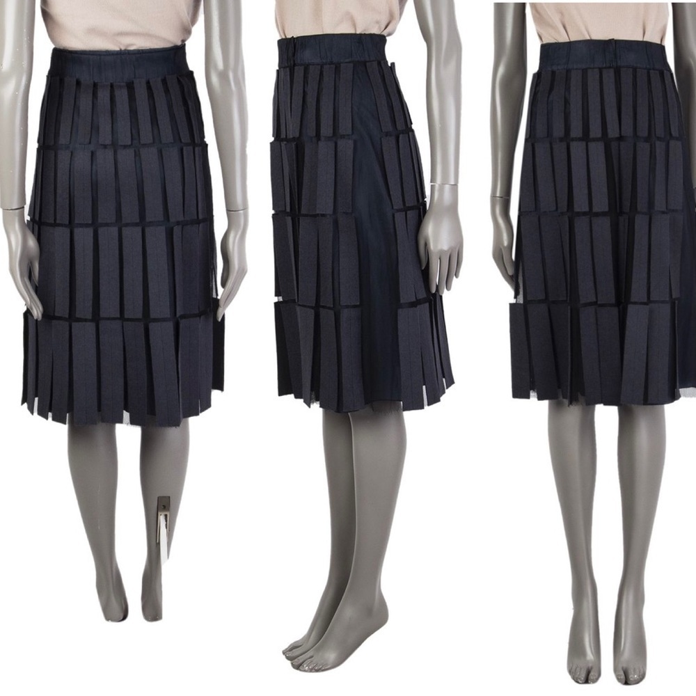 Akris navy blue Mesh-Patchwork Wrap midi Skirt Sz 8